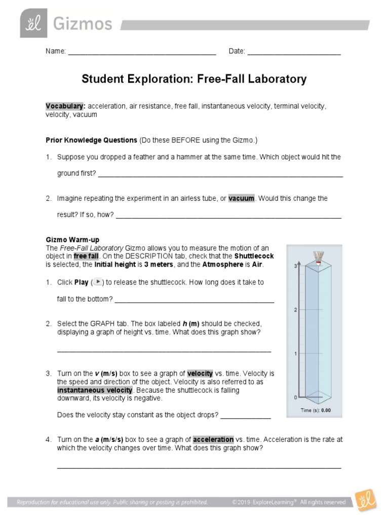 Student Exploration Free Fall Gizmo Answer Key Pdf