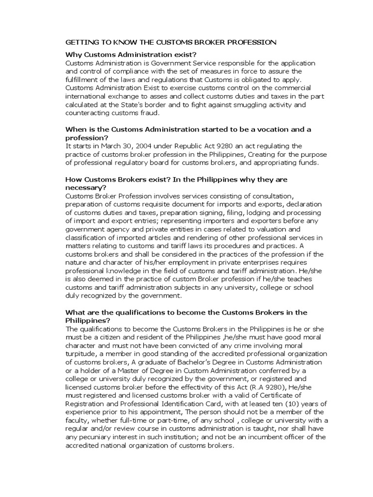 Getting To Know The Customs Broker Profession PDF Customs Policy