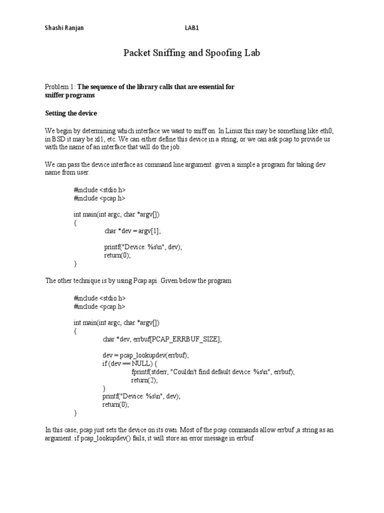 Packet Sniffing and Spoofing Lab Sniffer Programs Setting The Device
