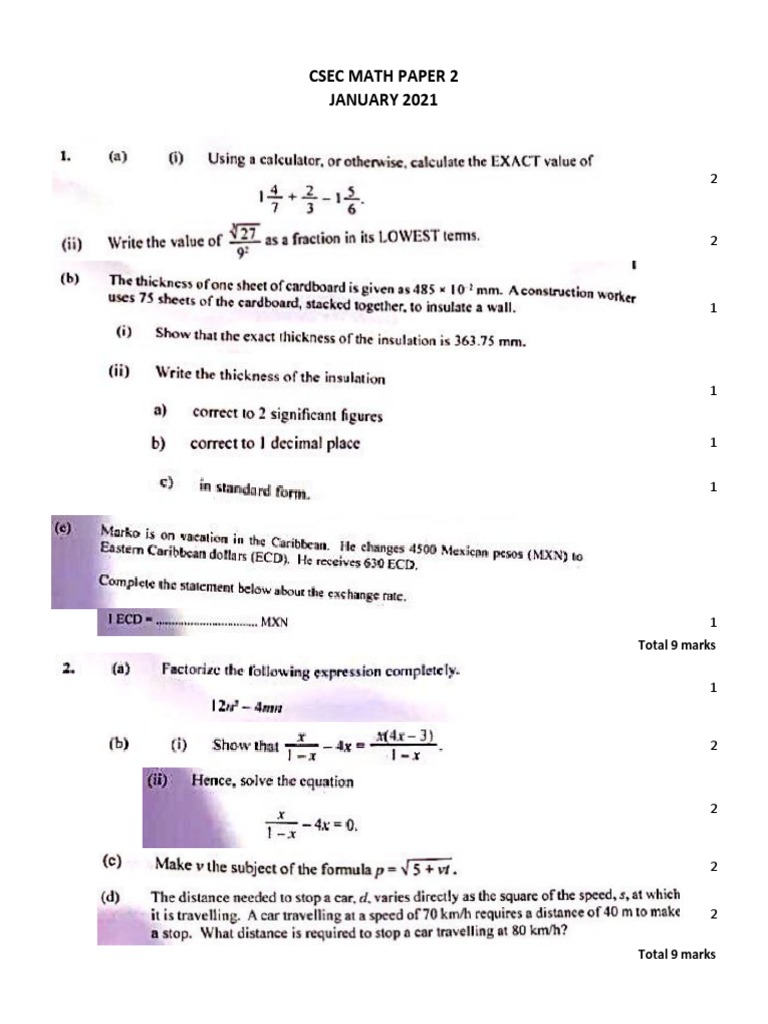 CSEC Maths Paper 2 - Jan 2021 Summary | PDF