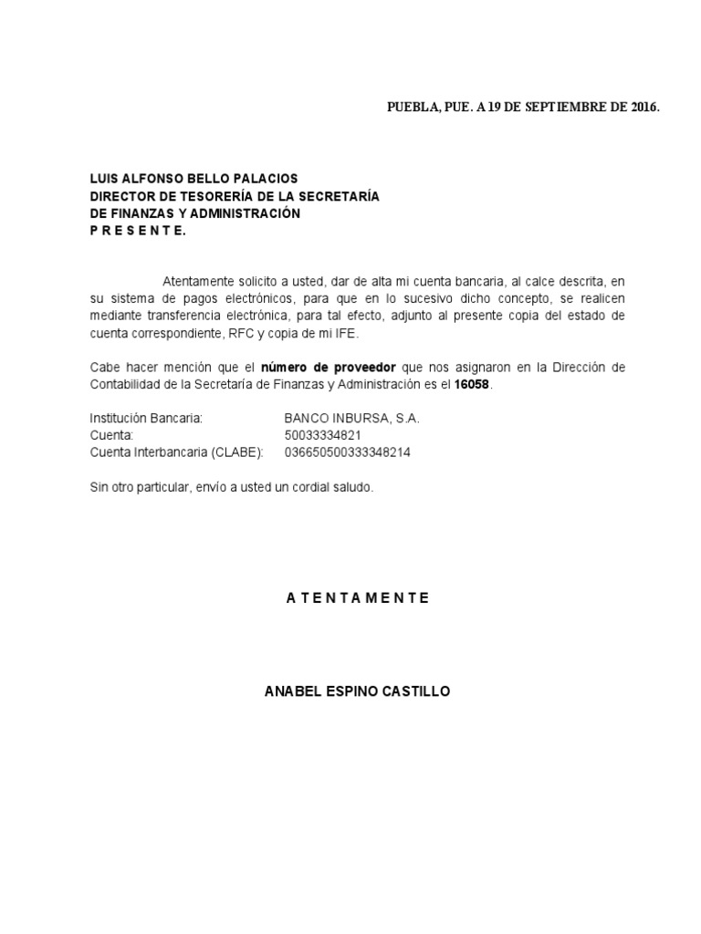 Oficio para dar de alta proveedor pdf