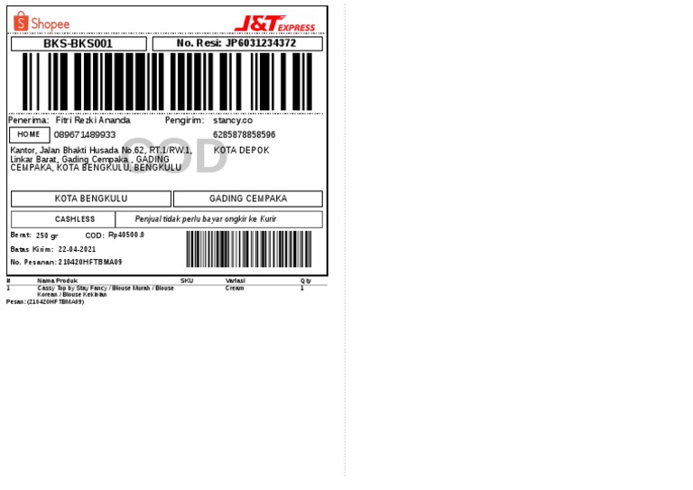 Contoh Resi COD BKS-001 | PDF