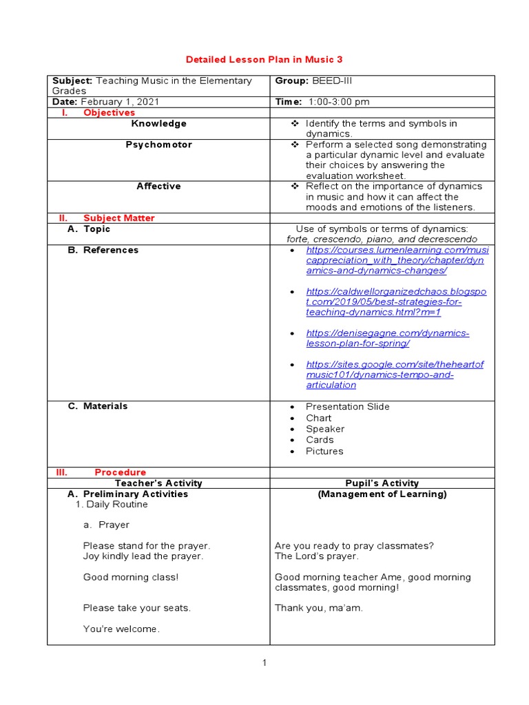 Detailed Lesson Plan in Music 3: Forte, Crescendo, Piano, and ...