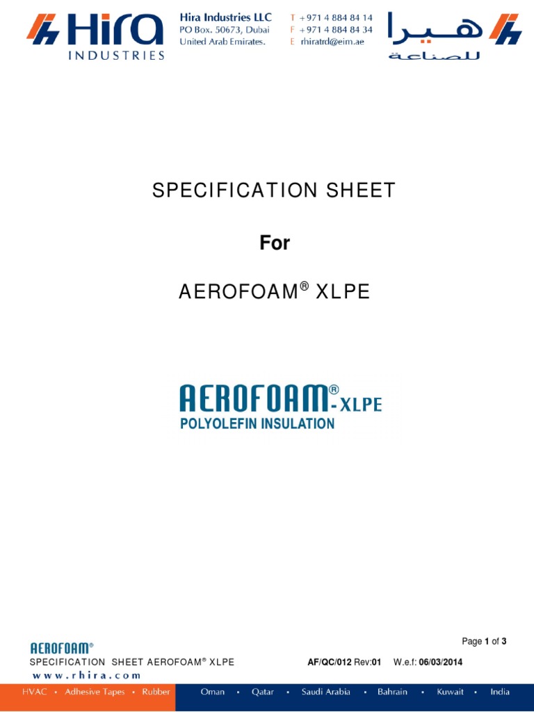 Specification Sheet For Aerofoam Xlpe | PDF | Duct (Flow) | Thermal ...