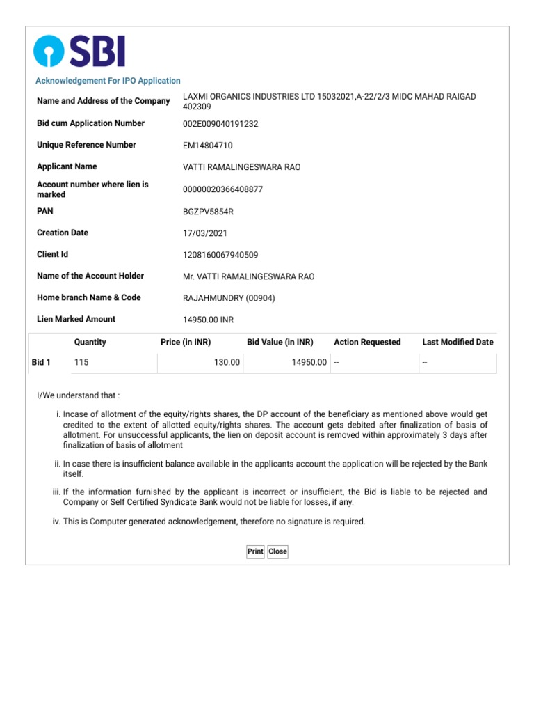 Acknowledgement For IPO Application: Print Close | PDF