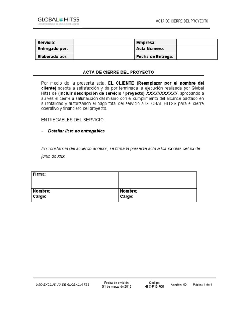 040 HI C P12 F06 V00 Acta de Cierre de Proyecto | PDF | Finanzas y ...
