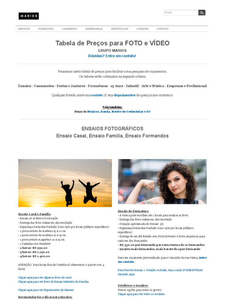 Tabela de Preços para Foto e Vídeo - M A R I O S | PDF | YouTube | Vídeo