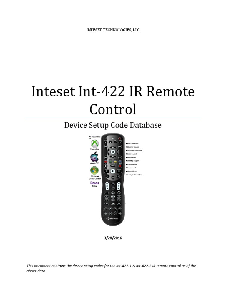 Inteset Int422 IR Remote Device Setup Code Database PDF Remote