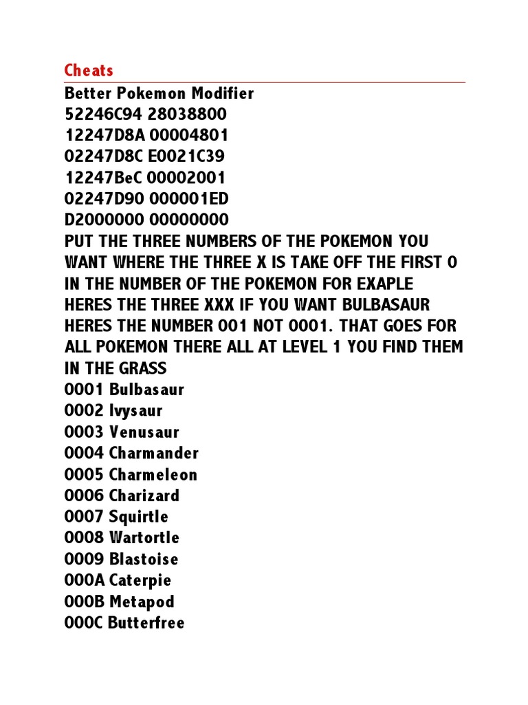 Pokemon Cheat Codes PDF Nintendo Nintendo Franchises