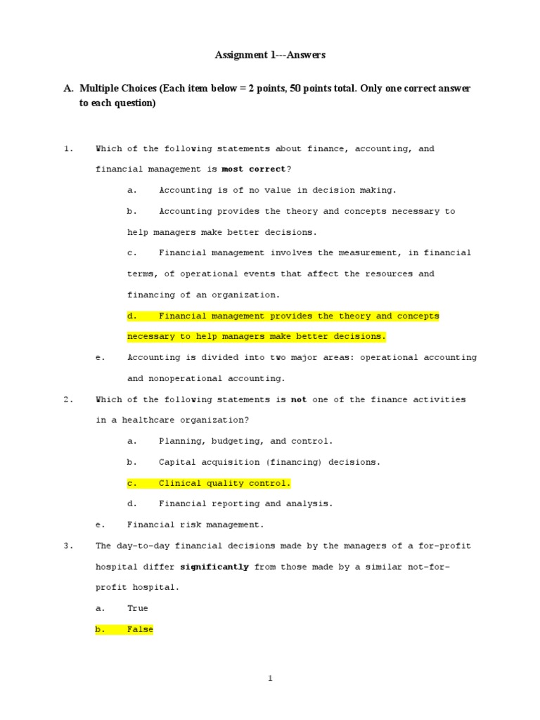 Answers to Assignment 1: Multiple Choice Questions on Finance ...