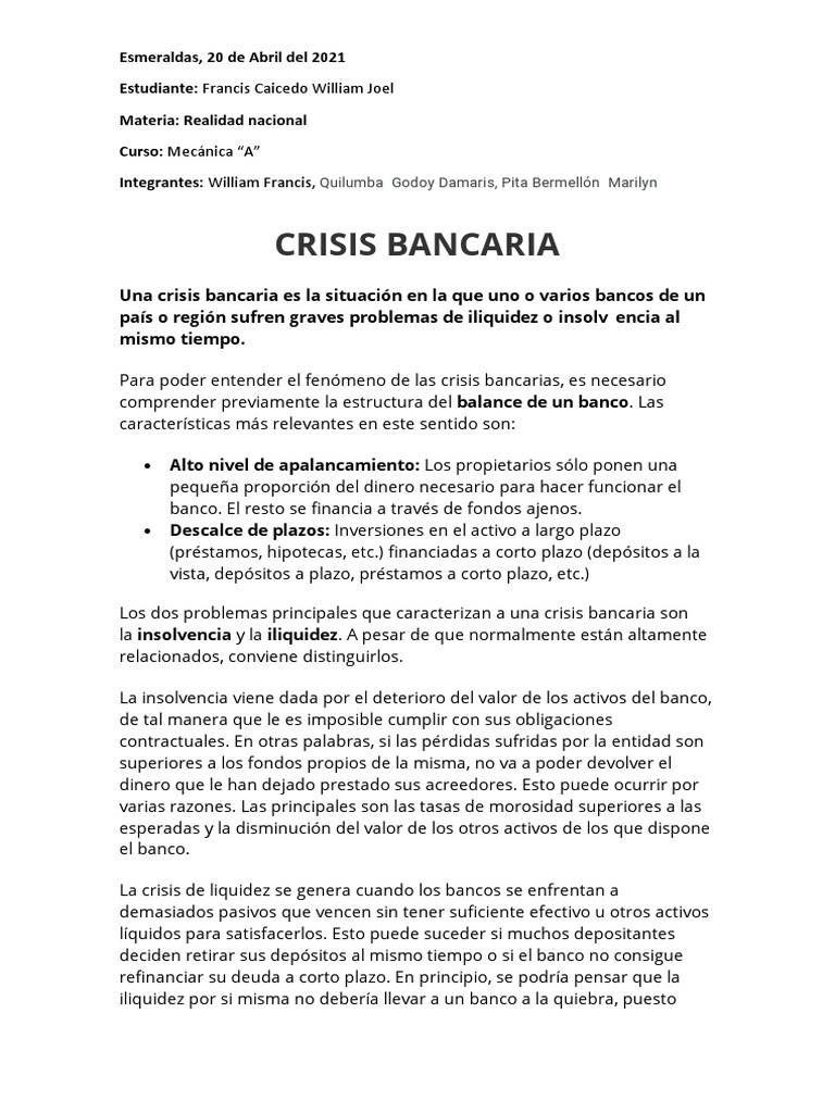 Causas y Consecuencias de Crisis Bancarias | PDF | Crisis financiera ...
