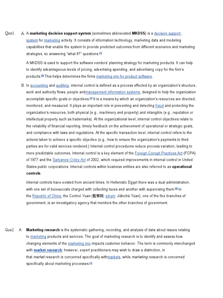Que1. A.: Decision Support System Marketing | PDF | Sampling ...