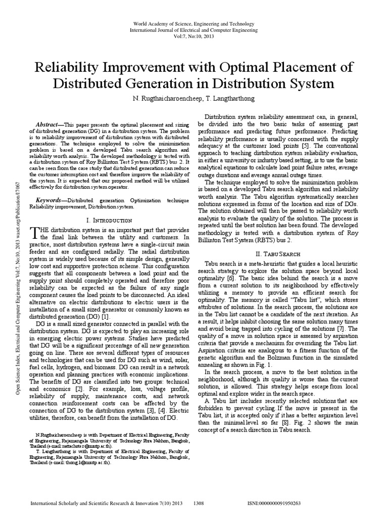 Optimal DG Placement for Reliability | PDF | Distributed Generation ...