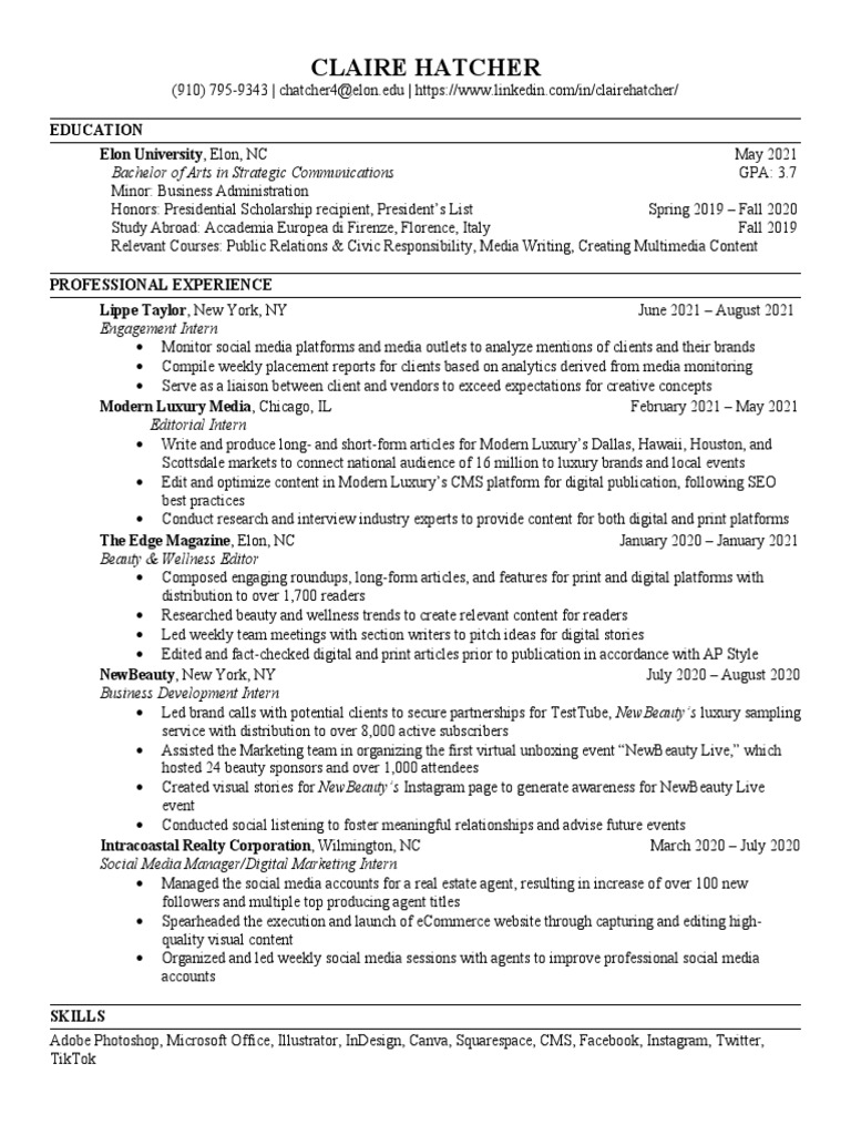 Claire Hatcher Resume PDF Social Media Popular Culture & Media