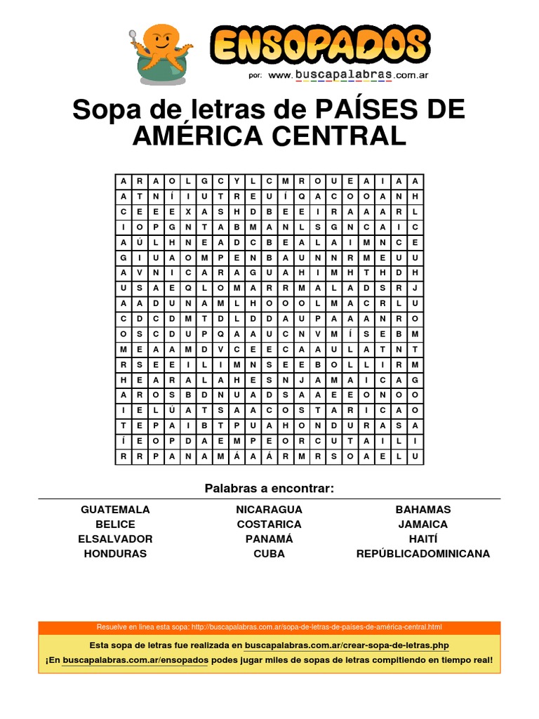 Sopa de Letras: Países de América Central | PDF | Centroamérica