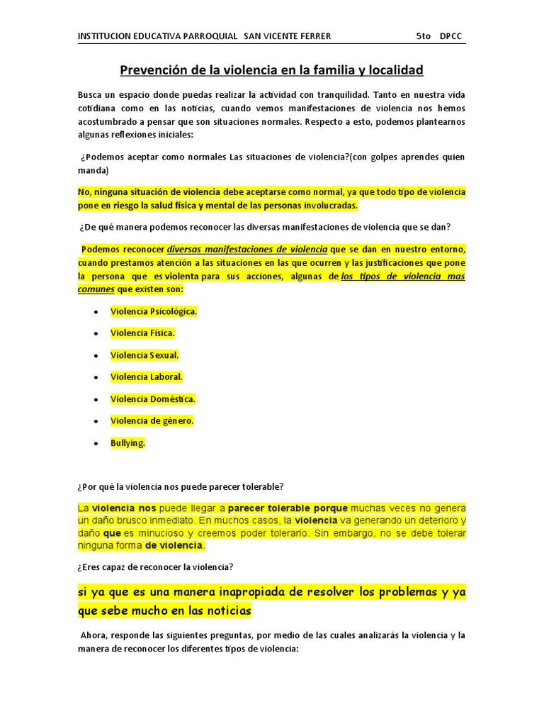 Prevención de La Violencia en La Familia y Localidad | PDF | Violencia ...