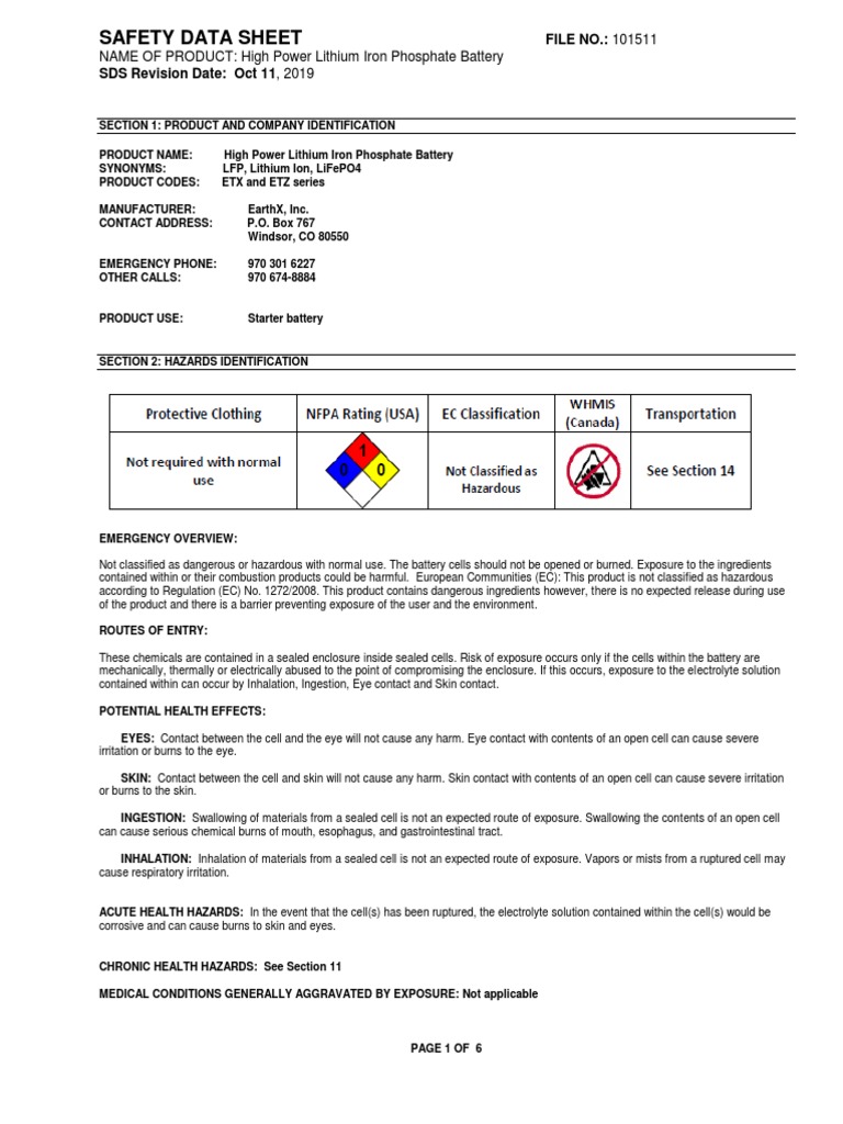 High Power Battery Safety Data Sheet | PDF | Dangerous Goods | Water