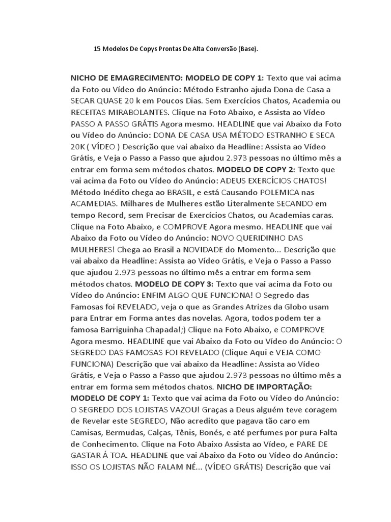15 Modelos de Copys Prontas de Alta Conversão | PDF | Publicidade