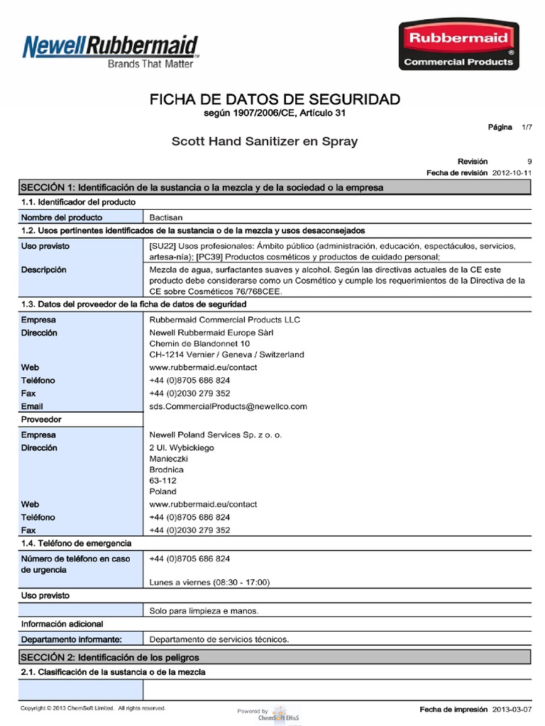 Hoja de Seguridad Sanitizante de Manos | PDF