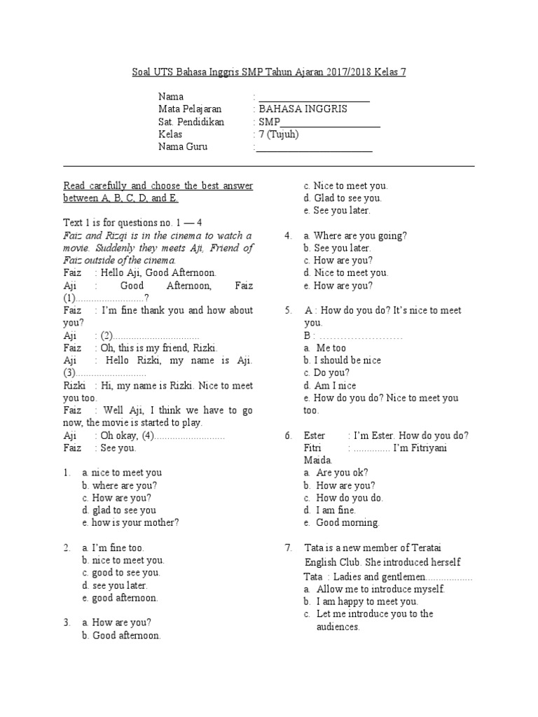 Soal Bahasa Inggris SMP Kelas 7 | PDF | Cooking | Foods