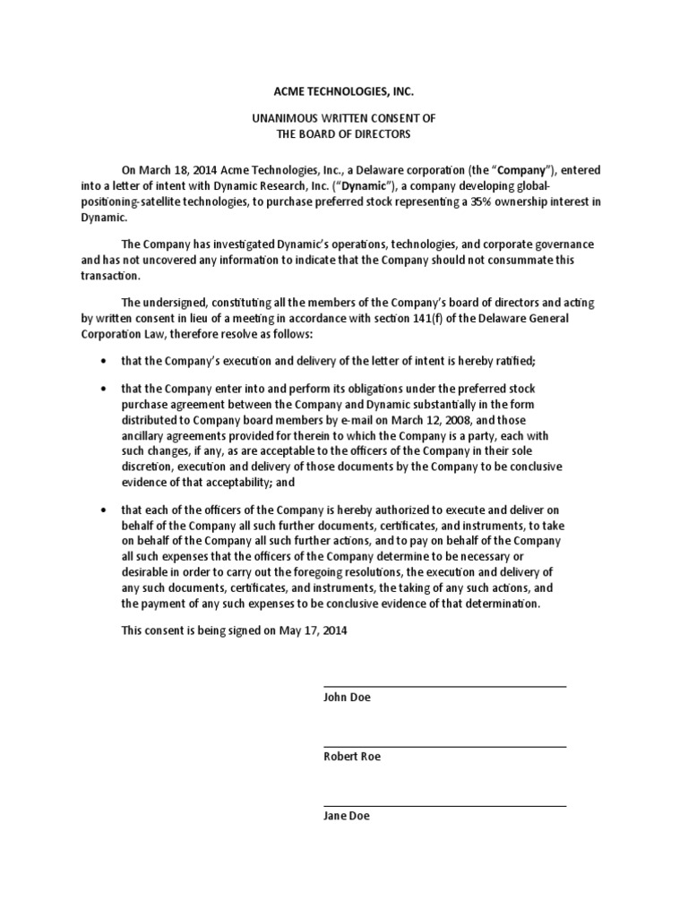 Board Consent for Stock Purchase | PDF | Board Of Directors | Stocks