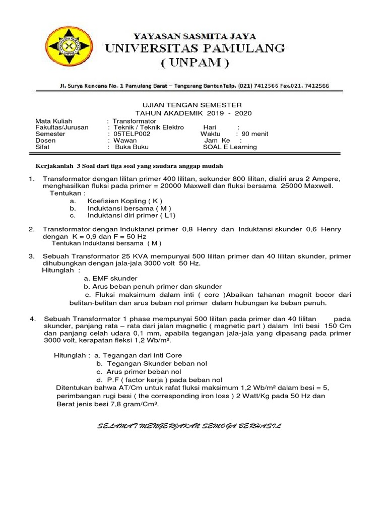 Soal Uts Trafo El Pdf Metode Bahan Ajar