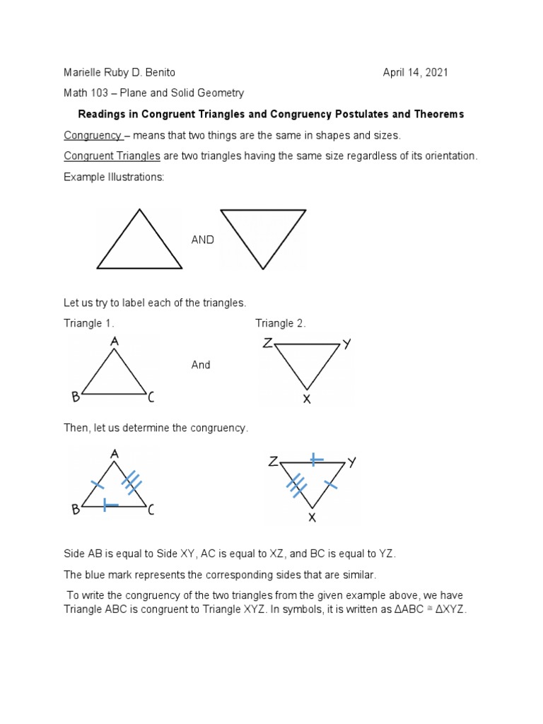 Congruent Triangles Congruence Postulates and Theorems  PDF With Geometry Worksheet Congruent Triangles