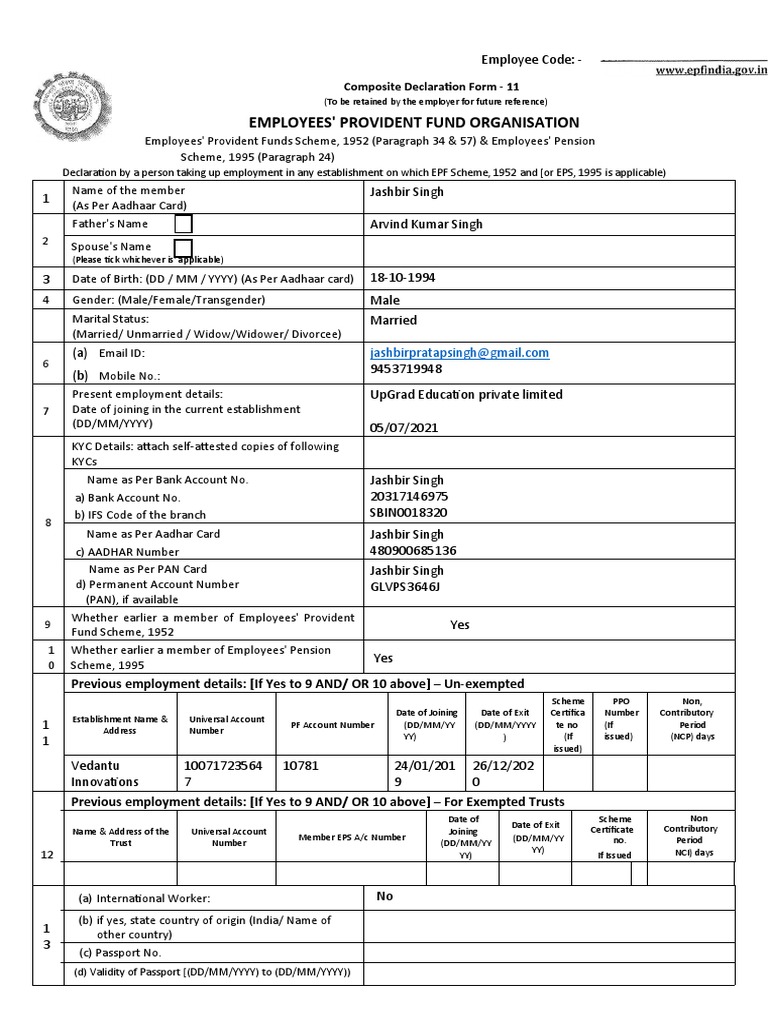 Employees provident fund organisation composite declaration form 11