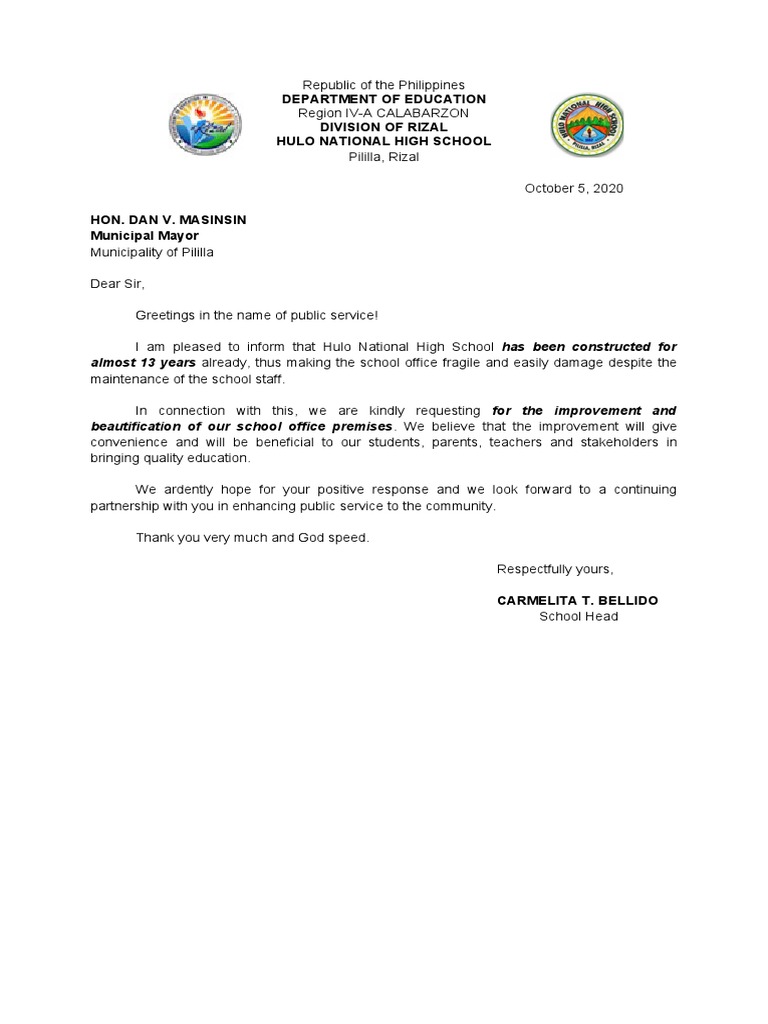 Request Letter For School Beautification PDF Behavior Modification