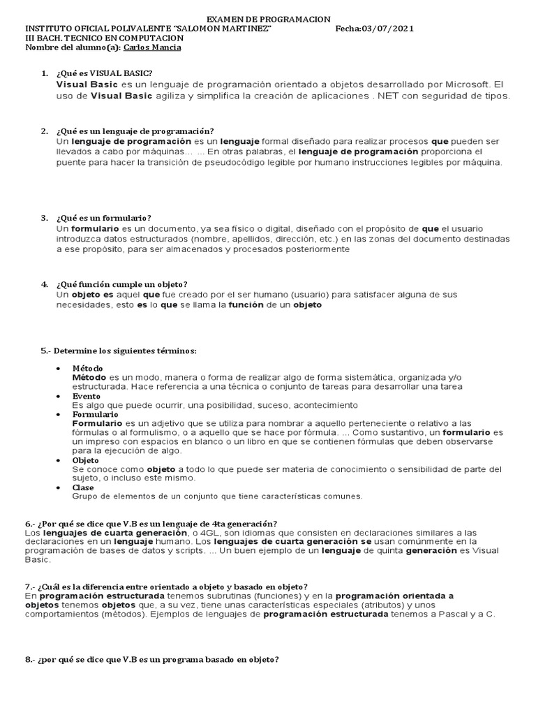 Examen de Programacion Resuelto | PDF | Objeto (informática) | Lenguaje ...