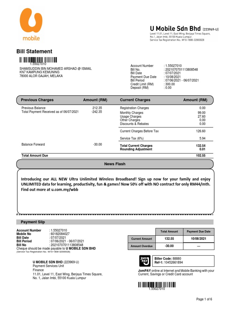 U Mobile Bill Statement Summary | PDF | Payments | Debit Card
