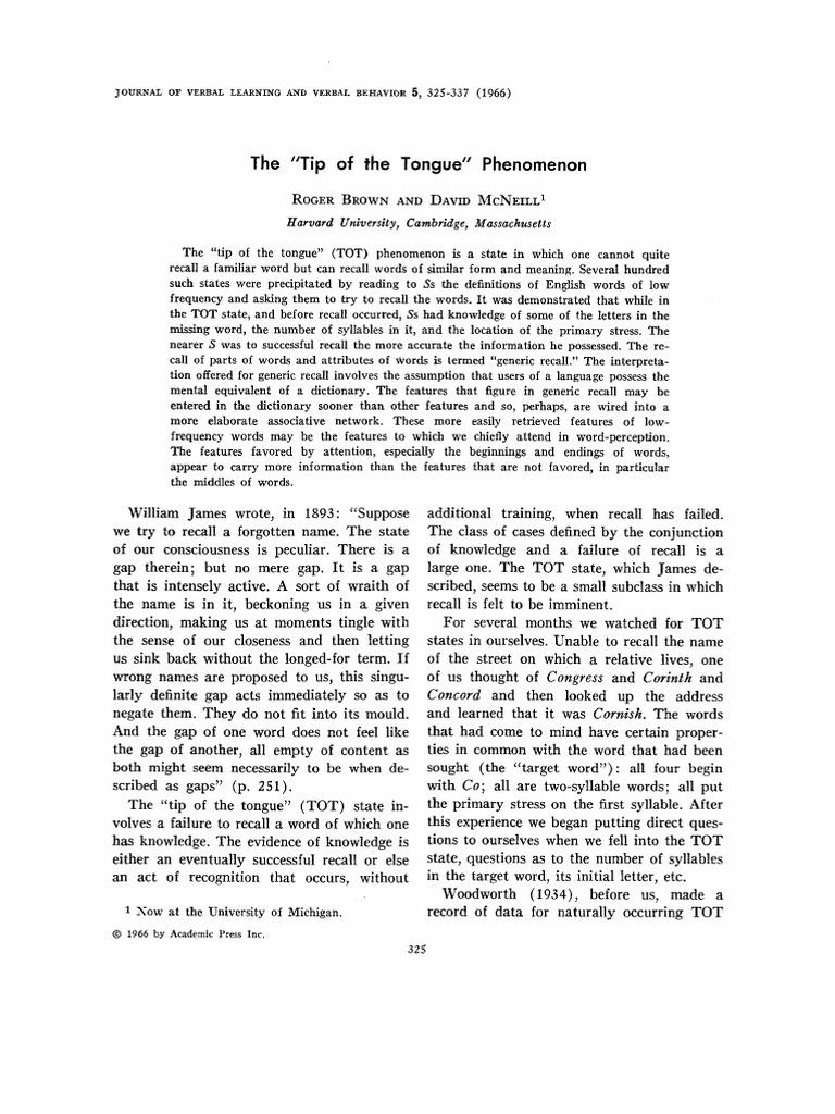The Tip of The Tongue Phenomenon (1966) Roger Et Al | PDF | Recall ...