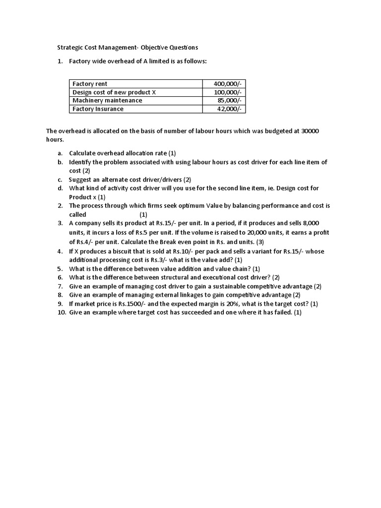 Strategic Cost Management MCQs and Problems | PDF