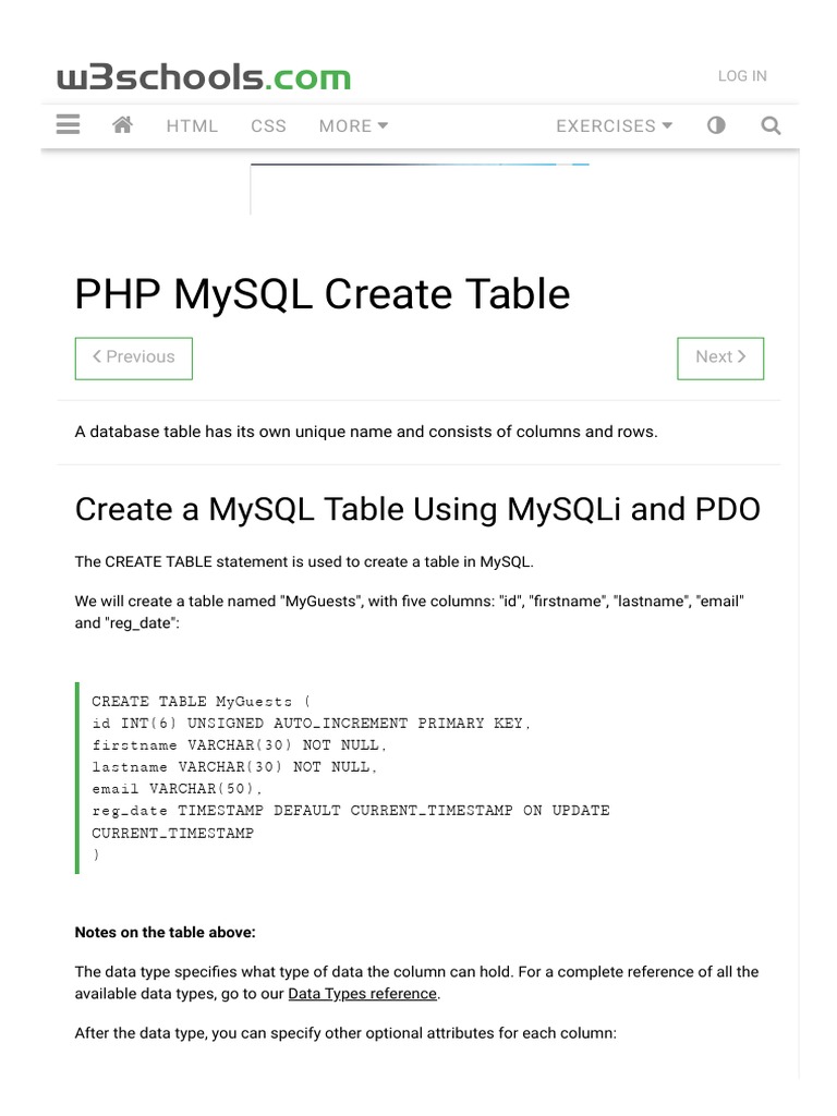 PHP MySQL Create Table | PDF | Software Design | Computer Programming