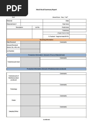Mock Recall Traceability Summary Report