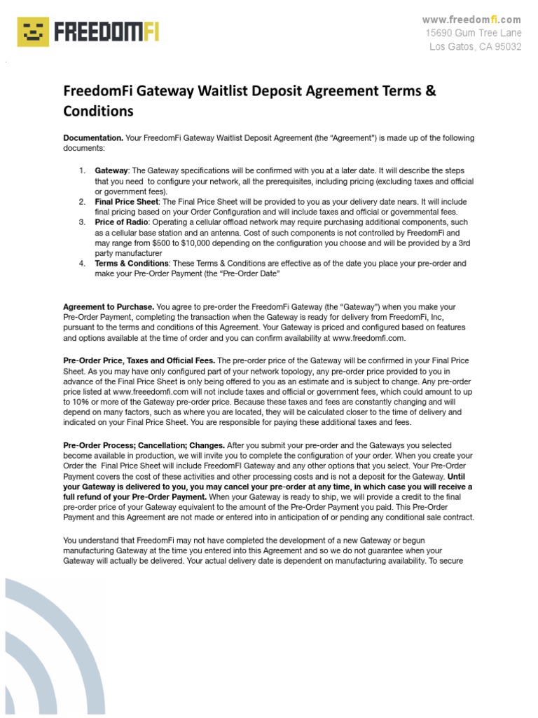 Waitlist Deposit Agreement PDF Fee Jurisdiction