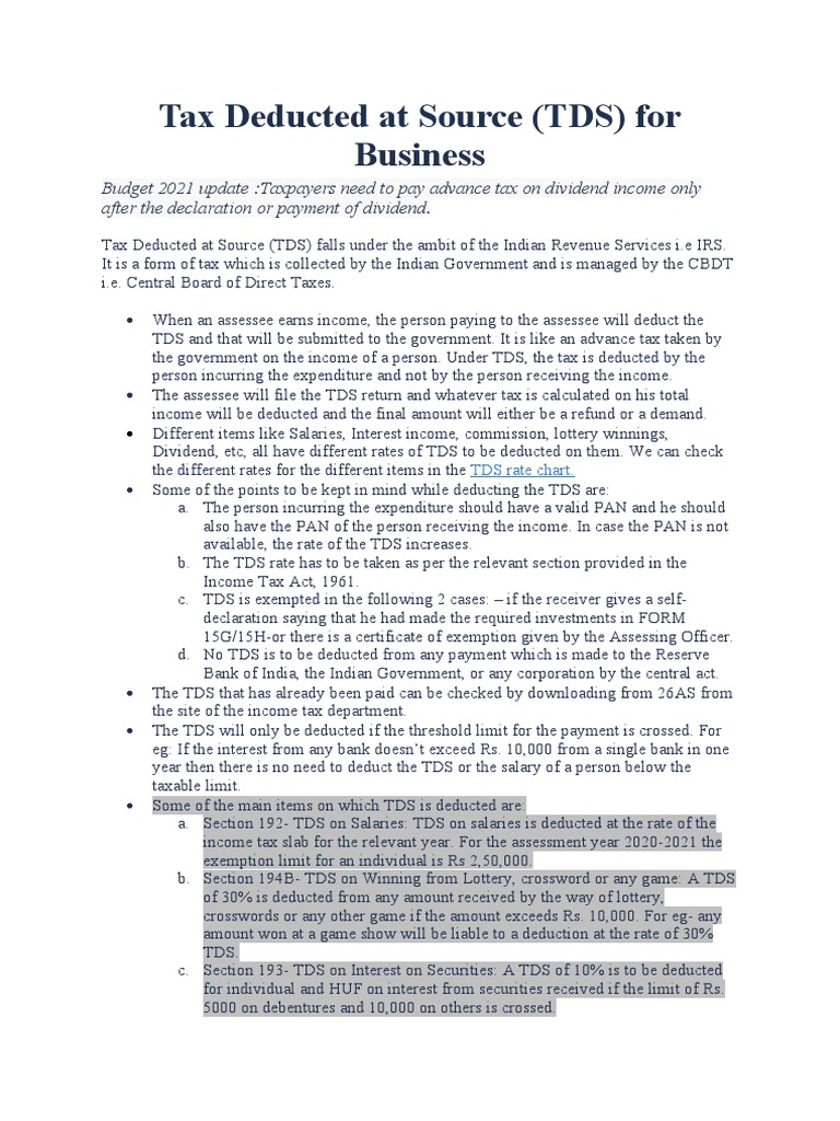 Tax Deducted at Source IMPORTANT POINTS PDF Dividend Taxes