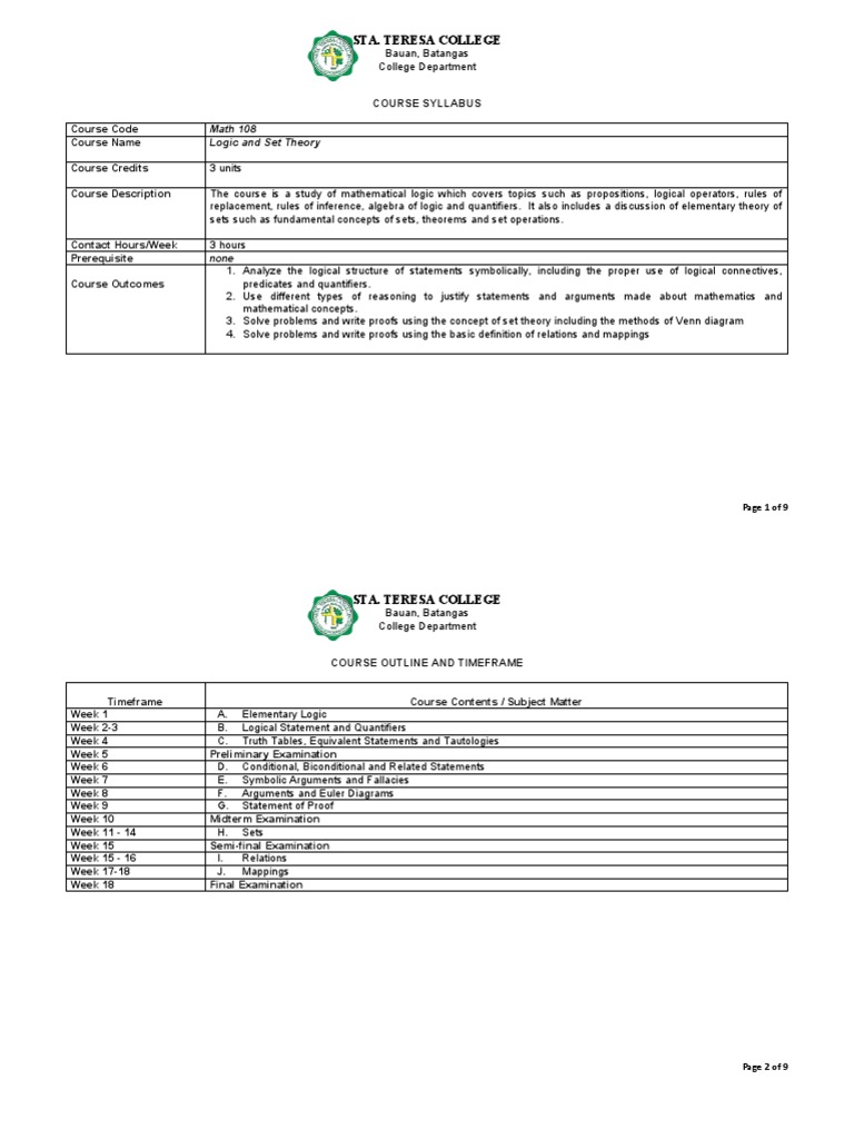 Logic And Set Theory Syllabus Pdf
