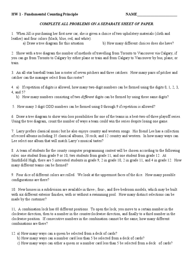 Fundamental Counting Principle Exercises | PDF | Dice | Leisure