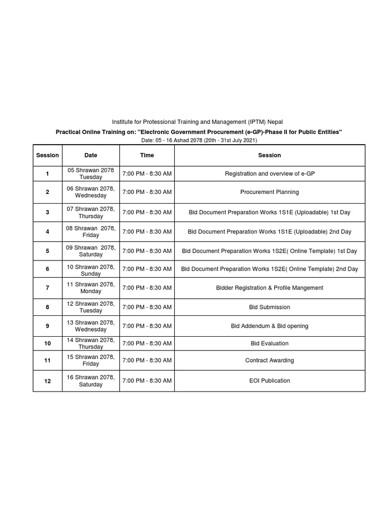 e-GP Training Schedule for Public Entities | PDF