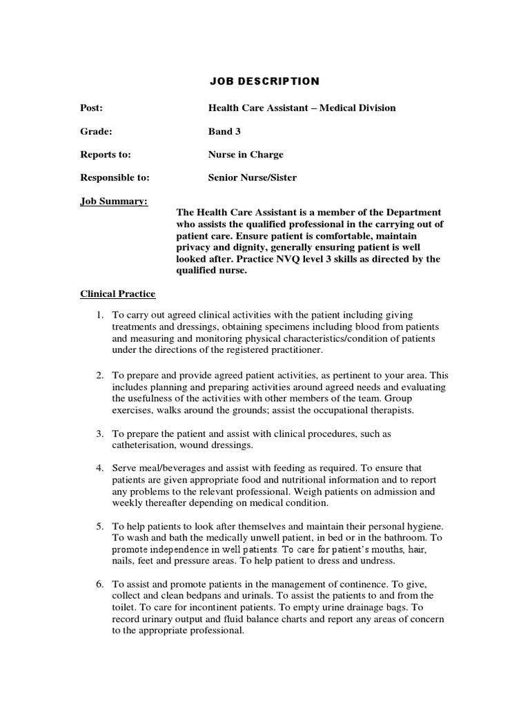 Health Care Assistant Job Description | PDF | Patient | National Health ...