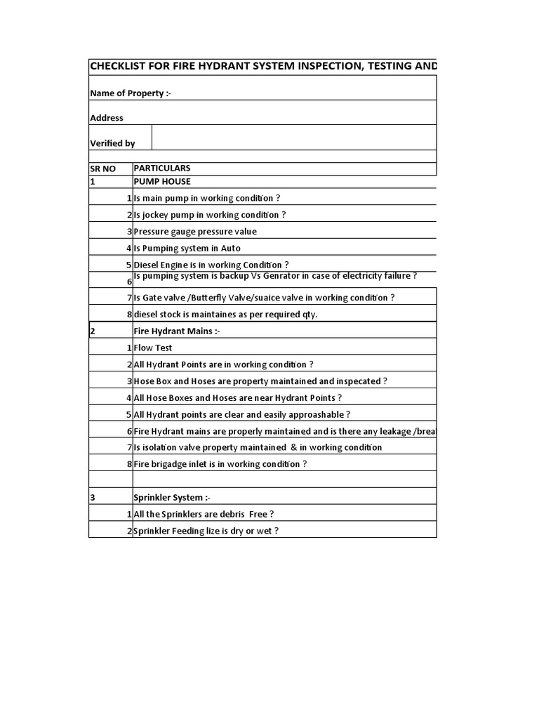 Checklist For Fire Hydrant System Inspection, Testing and Maintenance PDF
