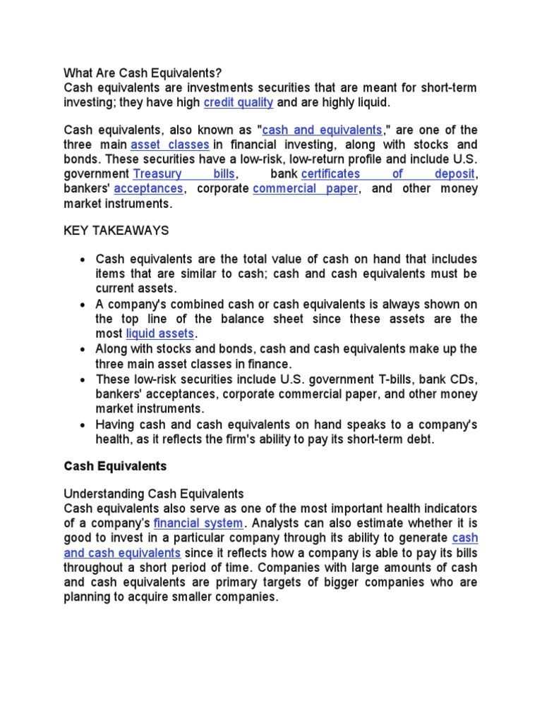 Credit Quality Cash and Equivalents Asset Classes Treasury Bills
