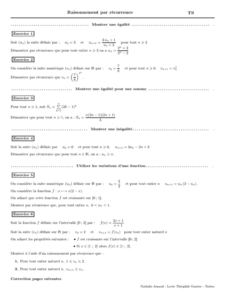 Exercices sur la récurrence en maths | PDF | Concepts mathématiques ...