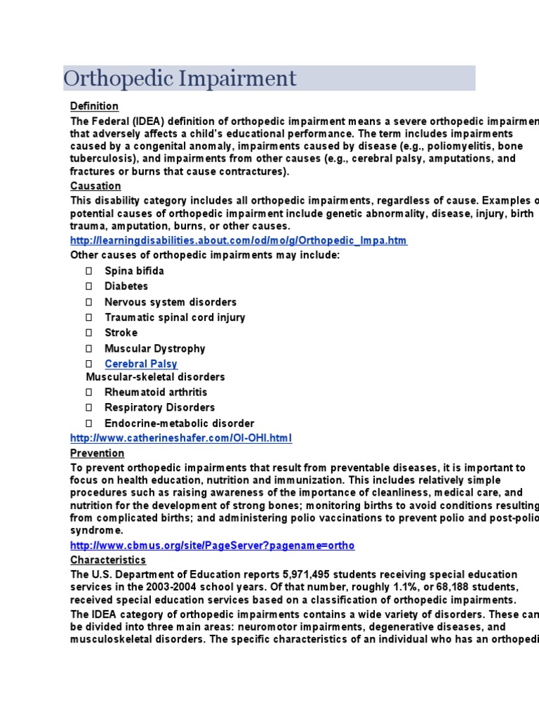 Orthopedic Impairment | PDF | Disability | Cerebral Palsy