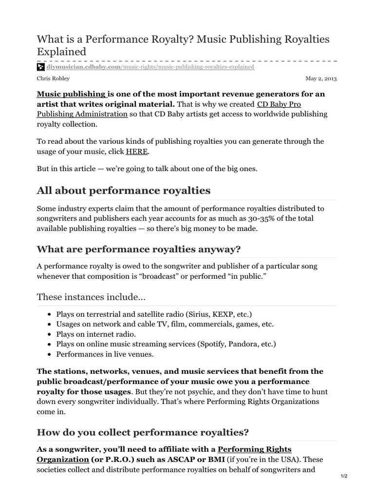Performance Royalty Music Publishing Royalties Explained PDF