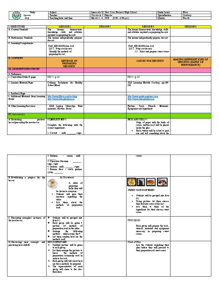TLE 9 Cookery DLL | PDF | Desserts | Foods