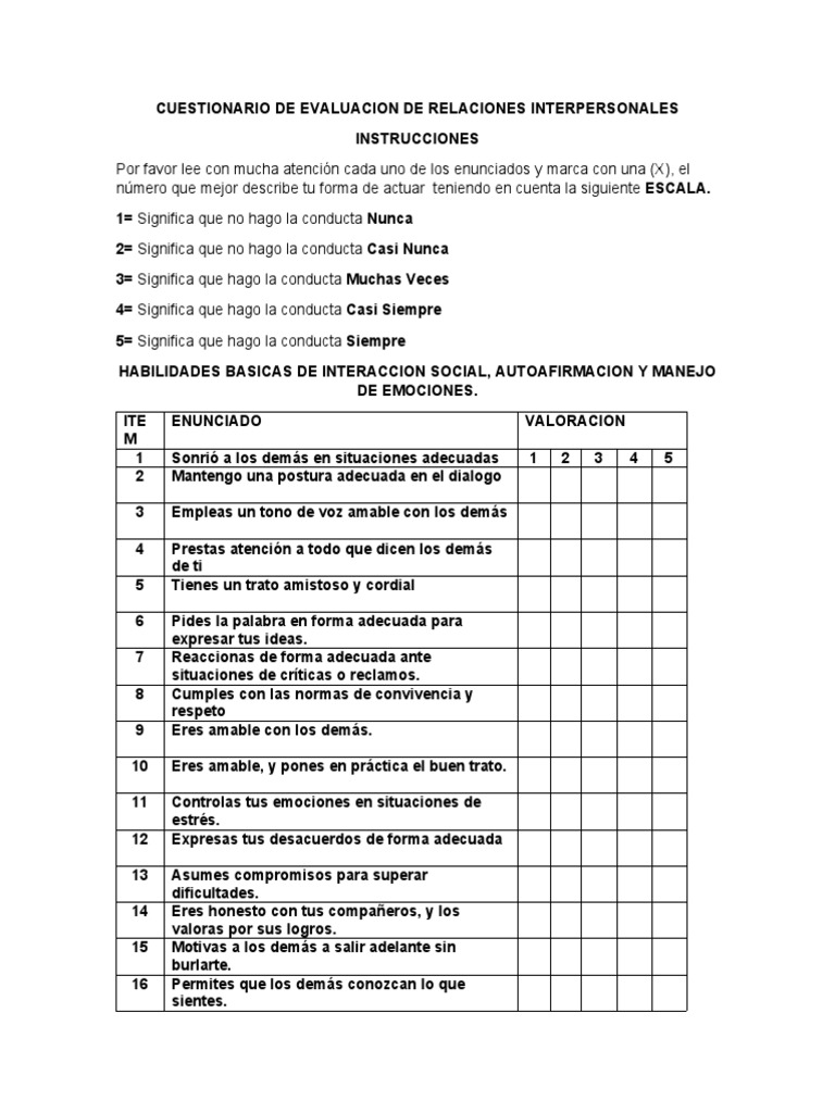Cuestionario de Relaciones Interpersonales | PDF