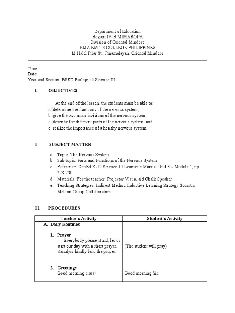 Nervous System Lesson Plan for Grade 6 | PDF | Central Nervous System ...