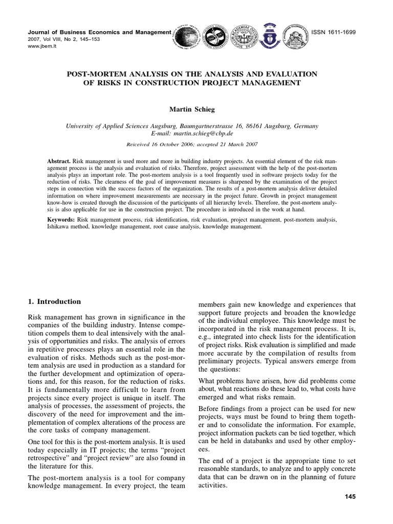Post-Mortem Analysis On The Analysis and Evaluatio Modify | PDF | Risk ...